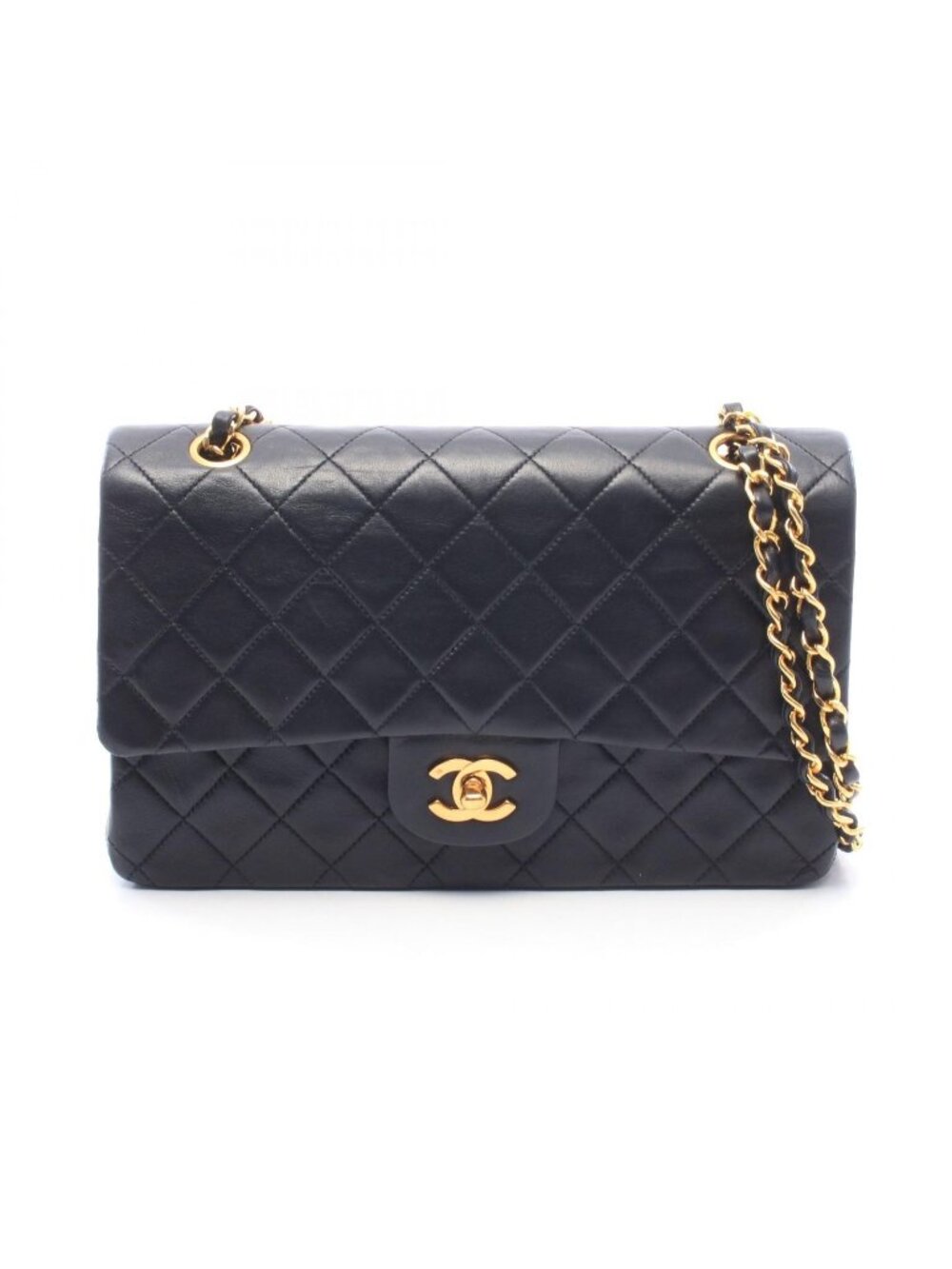 Chanel Shoulder Bag Quilted Double Flap Black Lambskin Chain